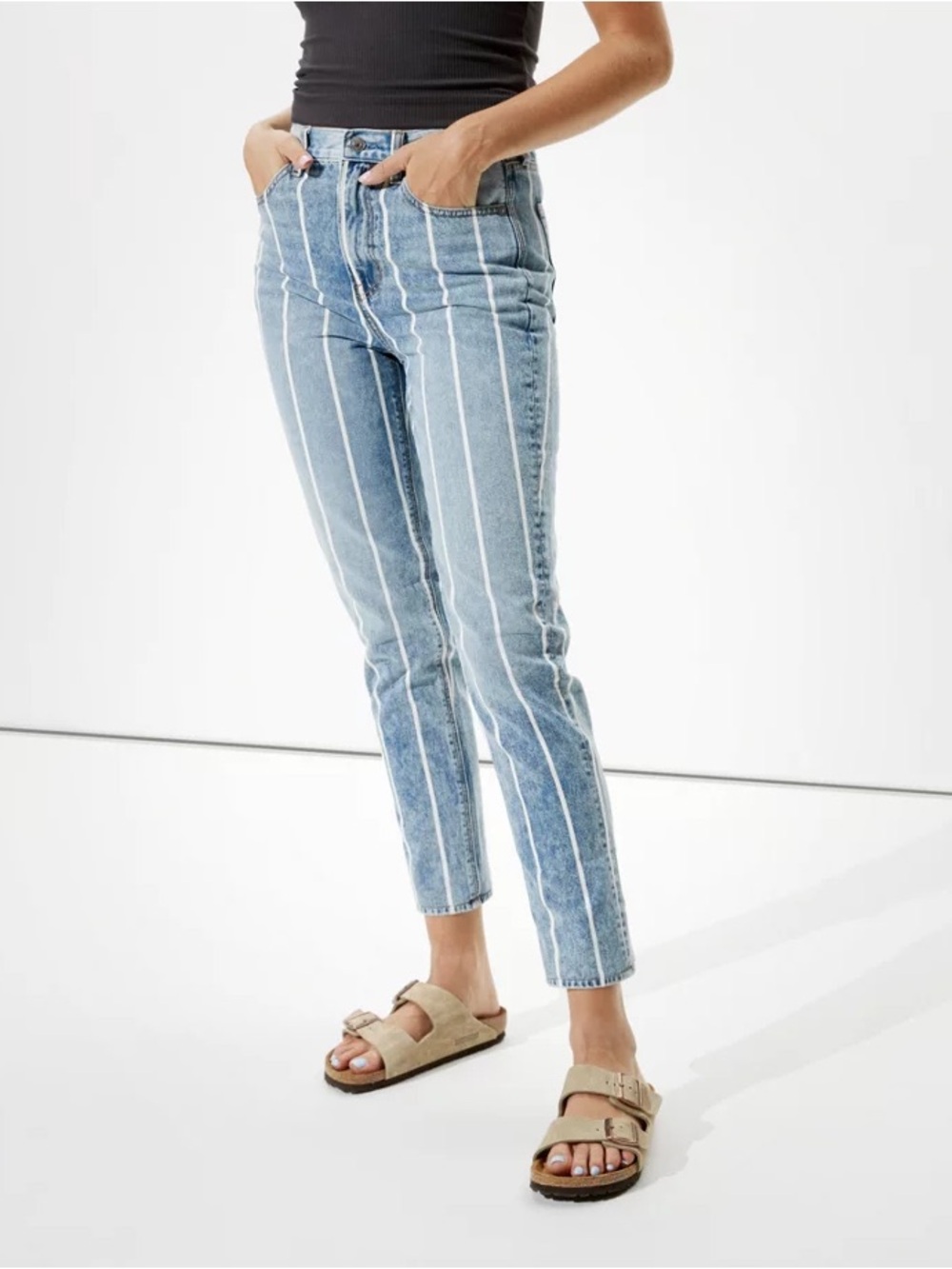 American Eagle Striped High-Rise Mom Straight Jeans - Light Blue/White